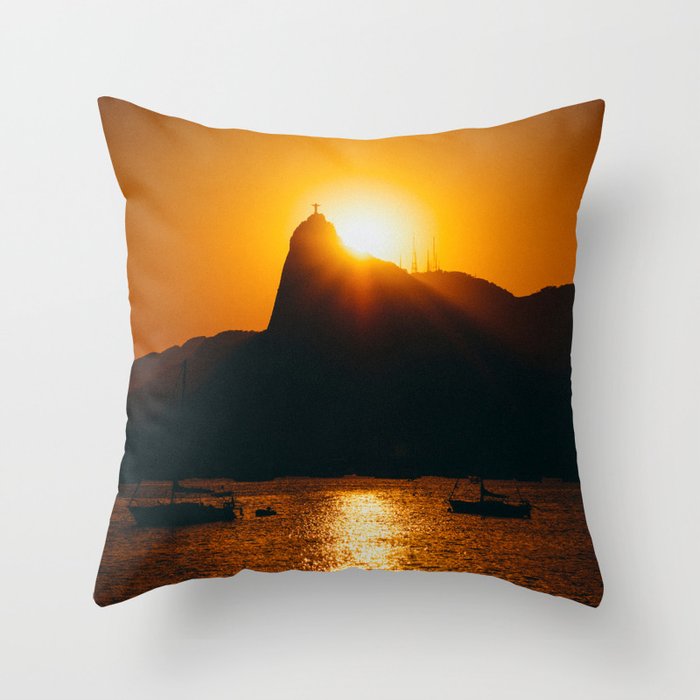 Brazil Photography - Sunset Behind Christ The Redeemer Throw Pillow