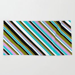 [ Thumbnail: Eye-catching Green, Plum, Dark Turquoise, White & Black Colored Striped/Lined Pattern Beach Towel ]