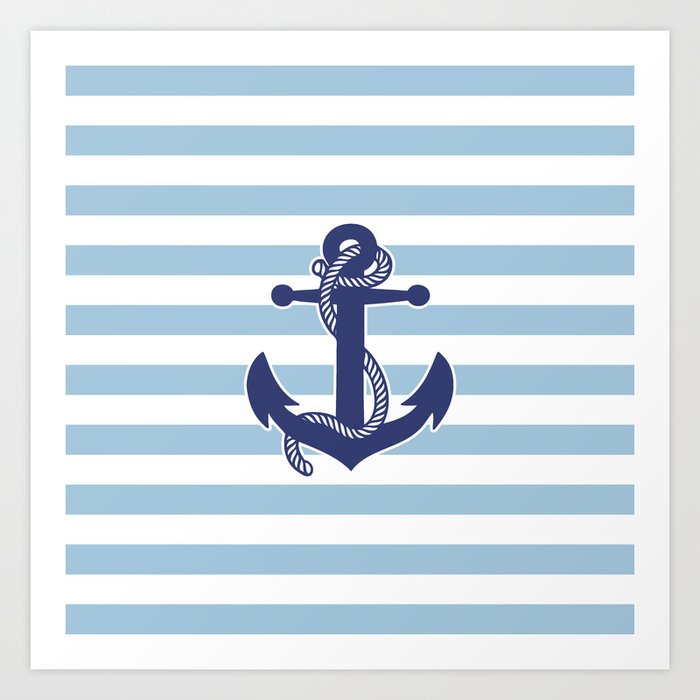 Retro Navy Anchor and Stripes Pattern 226 Blue Art Print