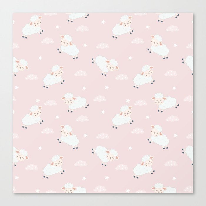 Cute Sheeps on Clouds with Stars Canvas Print