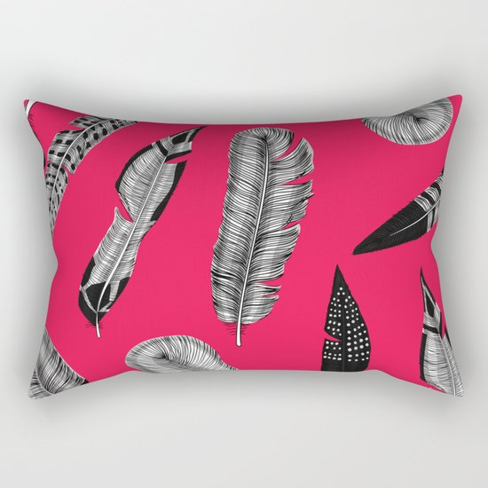 Seamless pattern with various hand drawn feathers on red background. Rectangular Pillow