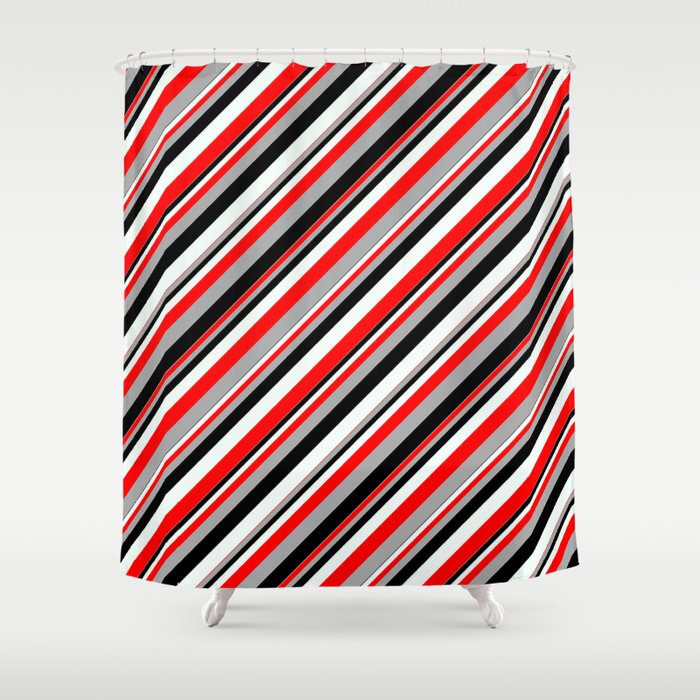 Red, Dark Grey, Black, and Mint Cream Colored Lined Pattern Shower Curtain