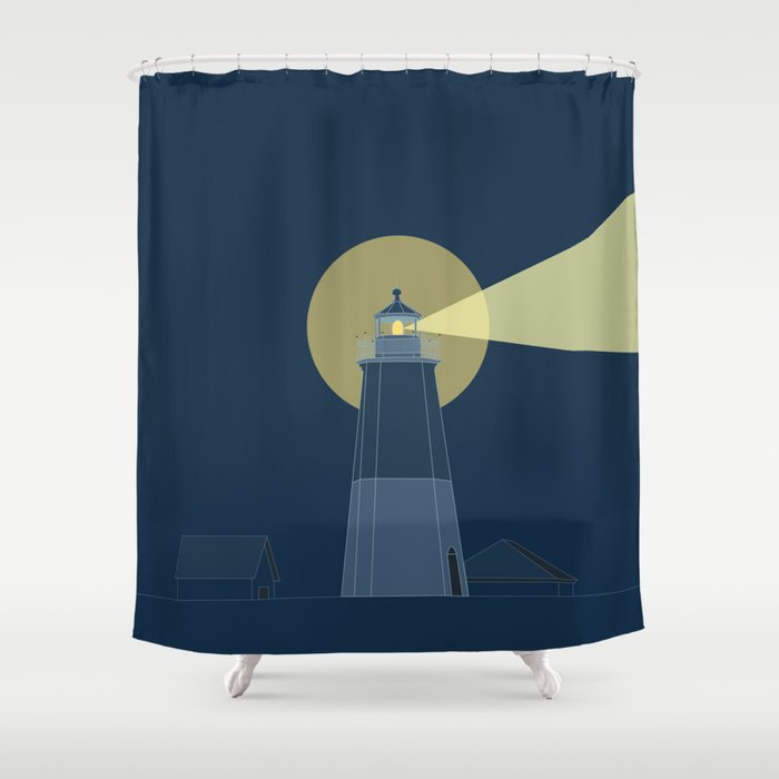 Lighthouse At Night Beach Decor Illustrated Print Shower Curtain