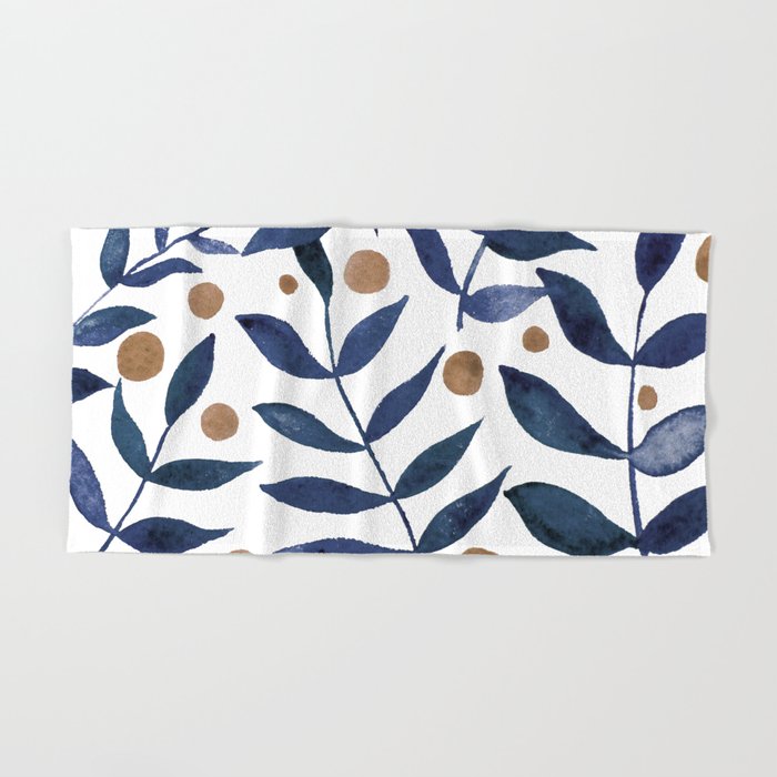 Watercolor berries and branches - indigo and beige Hand & Bath Towel