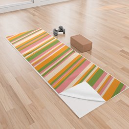 [ Thumbnail: Green, Dark Orange, Bisque, and Light Coral Colored Lines Pattern Yoga Towel ]
