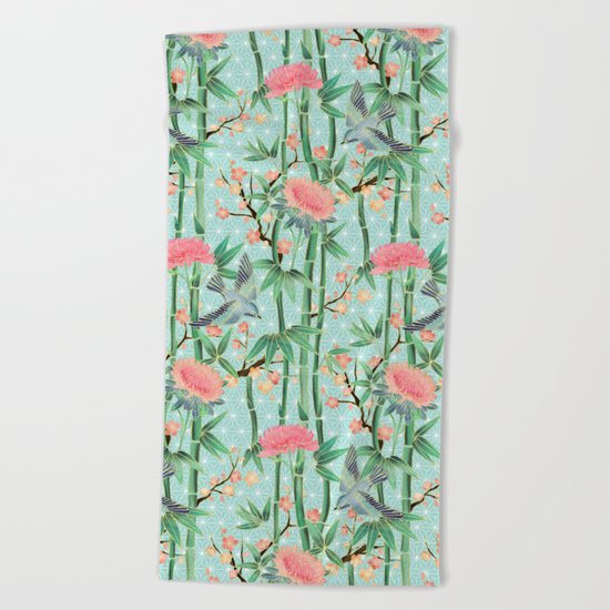 Bamboo, Birds and Blossom - soft blue green Beach Towel