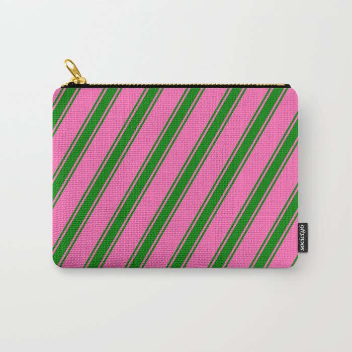 Hot Pink and Green Colored Lined/Striped Pattern Carry-All Pouch