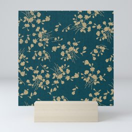 Gold Green Blue Flower Sihlouette Mini Art Print