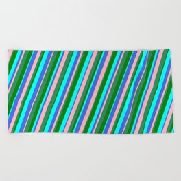 [ Thumbnail: Eye-catching Cyan, Royal Blue, Light Pink, Sea Green & Green Colored Striped Pattern Beach Towel ]