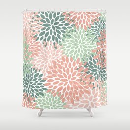 Festive, Abstract Floral Prints, Coral and Green Shower Curtain