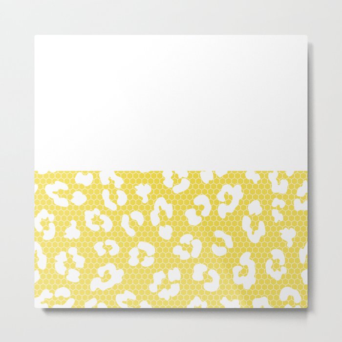 White Leopard Print Lace Horizontal Split on Sunshine Yellow Metal Print