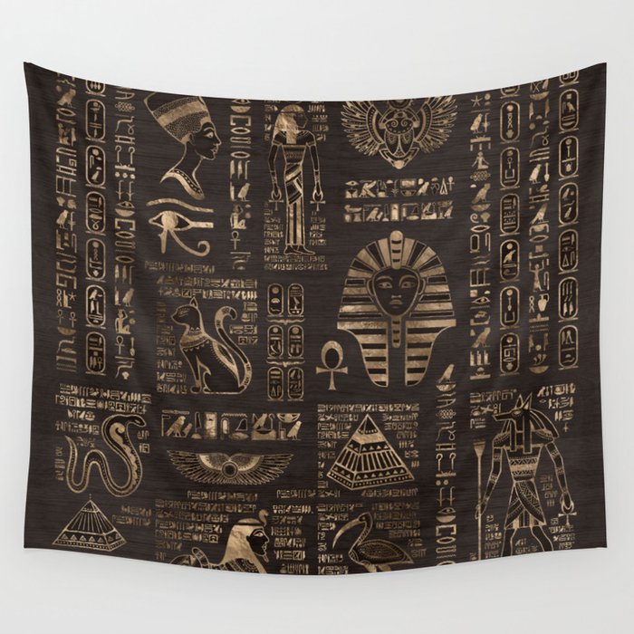 Egyptian hieroglyphs and deities - gold on wood Wall Tapestry