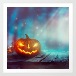 Halloween with Pumpkin and Dark Forest. Spooky Halloween Design Art Print
