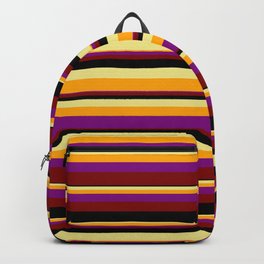 [ Thumbnail: Tan, Orange, Purple, Maroon, and Black Colored Striped/Lined Pattern Backpack ]