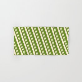 [ Thumbnail: Beige & Green Colored Lines Pattern Hand & Bath Towel ]