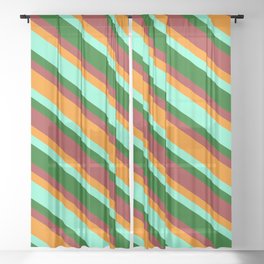 [ Thumbnail: Aquamarine, Dark Green, Brown & Dark Orange Colored Pattern of Stripes Sheer Curtain ]