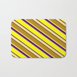 [ Thumbnail: Yellow, Indigo, Dark Goldenrod, and Pale Goldenrod Colored Stripes/Lines Pattern Bath Mat ]