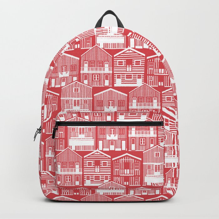 Monochromatic Portuguese houses // mandy red background white striped Costa Nova inspired houses Backpack