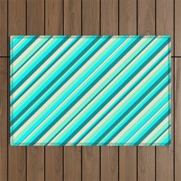 [ Thumbnail: Aquamarine, Cyan, Dark Cyan, and Beige Colored Lined/Striped Pattern Outdoor Rug ]