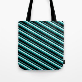 [ Thumbnail: Turquoise, Teal & Black Colored Pattern of Stripes Tote Bag ]