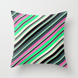 [ Thumbnail: Eyecatching Dark Slate Gray, Hot Pink, Green, Beige, and Black Colored Lines Pattern Throw Pillow ]