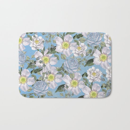Vintage Rose Pattern Blue Bath Mat