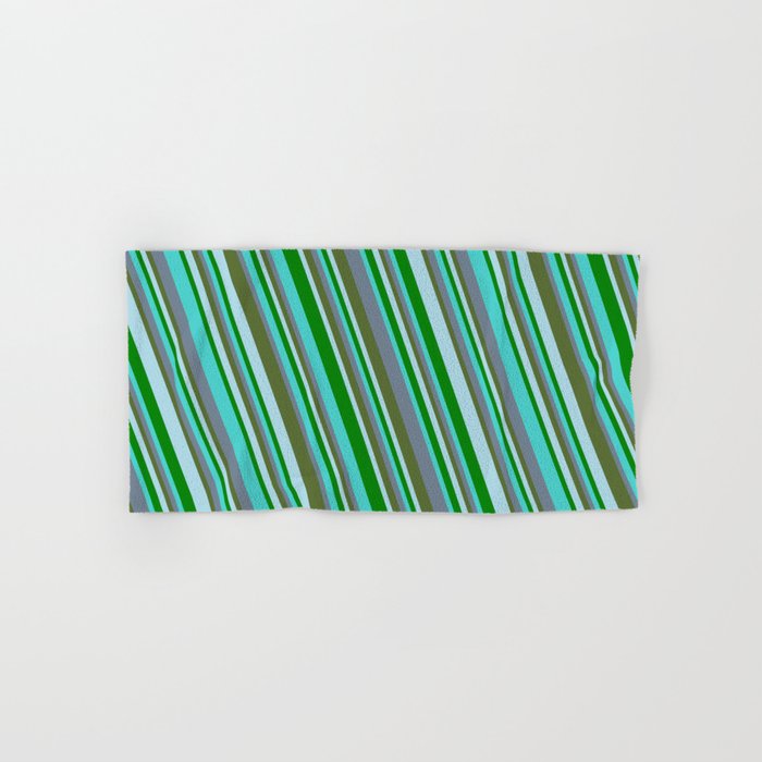 Turquoise, Slate Gray, Dark Olive Green, Light Blue, and Green Colored Striped/Lined Pattern Hand & Bath Towel