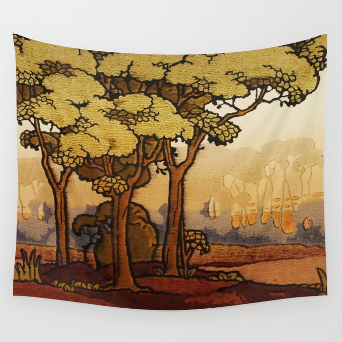 Japanese Block Print Sunset Landscape by The Silver Studio Wall Tapestry