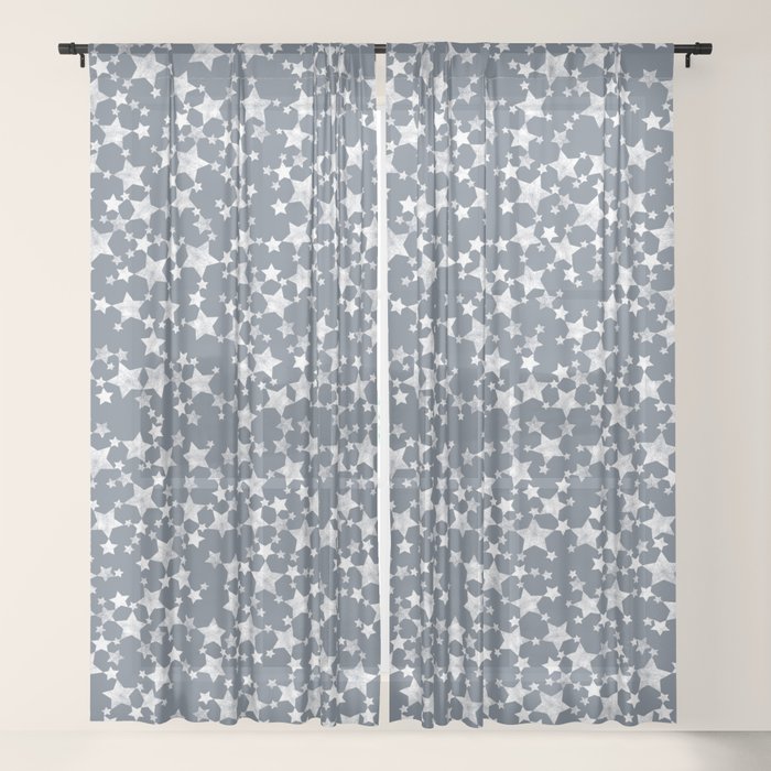 Dark Blue Gray And White Lino Print Stars Pattern Sheer Curtain By