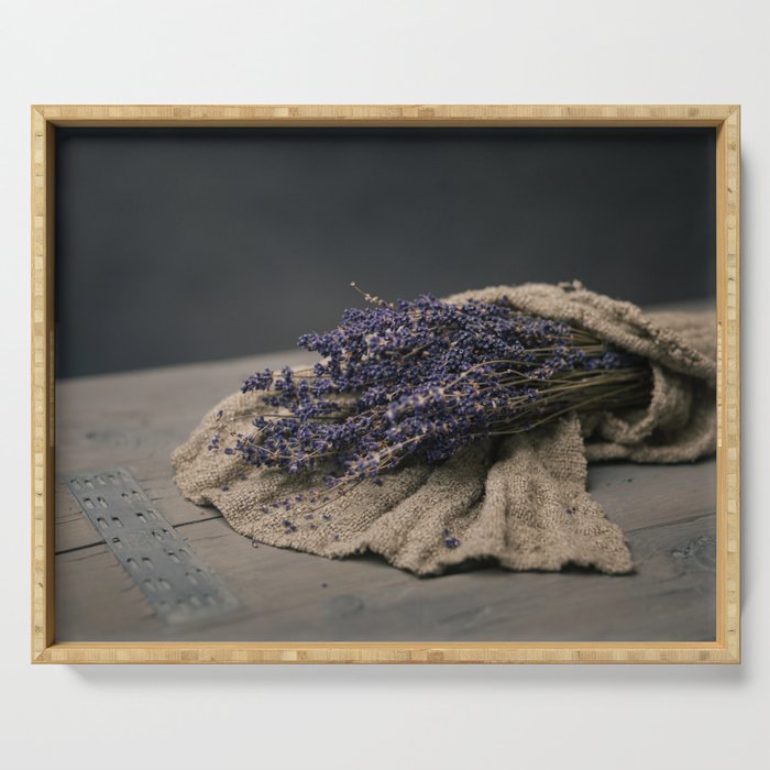Still life with lavender in linen cloth Serving Tray