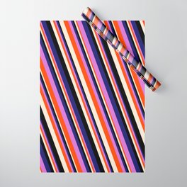 [ Thumbnail: Vibrant Midnight Blue, Orchid, Red, Beige & Black Colored Striped/Lined Pattern Wrapping Paper ]