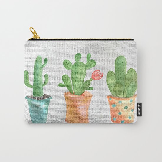 Three Green Cacti Watercolor White Carry-All Pouch