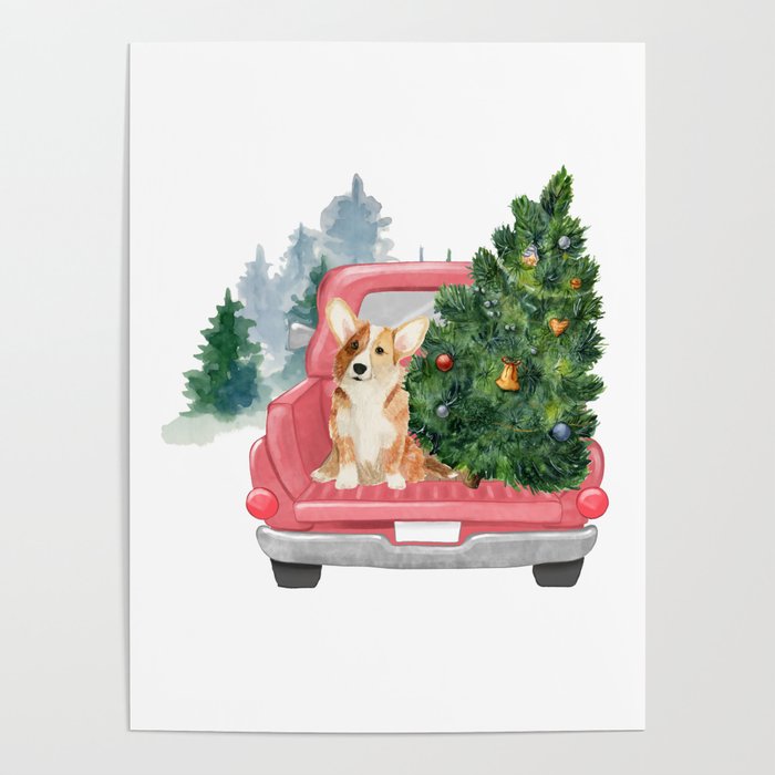 Driving Home For Christmas - Corgi On Red Xmas Car  Poster