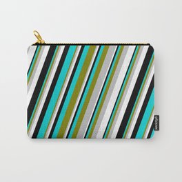 [ Thumbnail: Eye-catching Green, Grey, White, Black & Dark Turquoise Colored Pattern of Stripes Carry-All Pouch ]