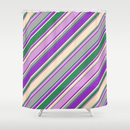 [ Thumbnail: Colorful Dark Orchid, Bisque, Dark Gray, Sea Green & Plum Colored Lines Pattern Shower Curtain ]