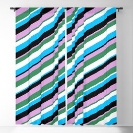 [ Thumbnail: Eyecatching Plum, Sea Green, White, Deep Sky Blue, and Black Colored Pattern of Stripes Blackout Curtain ]