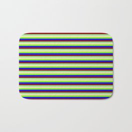[ Thumbnail: Vibrant Light Green, Bisque, Chartreuse, Blue & Dark Red Colored Pattern of Stripes Bath Mat ]