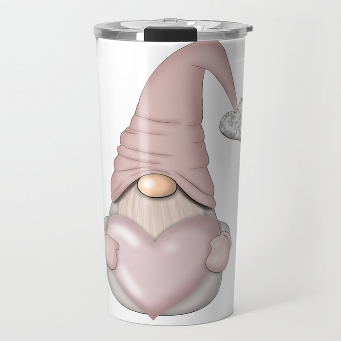 Romantic Gnome With Pink Heart Travel Mug