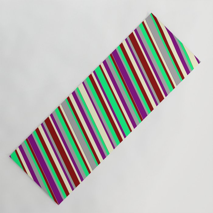 Colorful Dark Gray, Green, Dark Red, Light Yellow, and Purple Colored Lined/Striped Pattern Yoga Mat