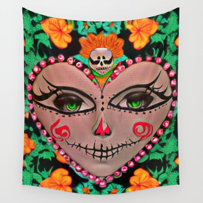 Pink Skull heart graphic design Wall Tapestry