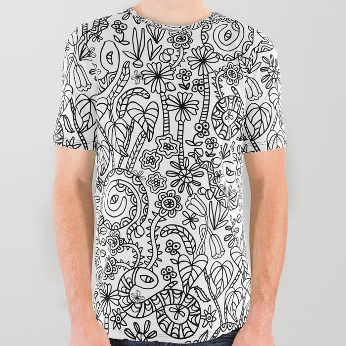 COLORING BOOK GARDEN SNAKES FLORAL DOODLE TROPICAL in BLACK AND WHITE All Over Graphic Tee