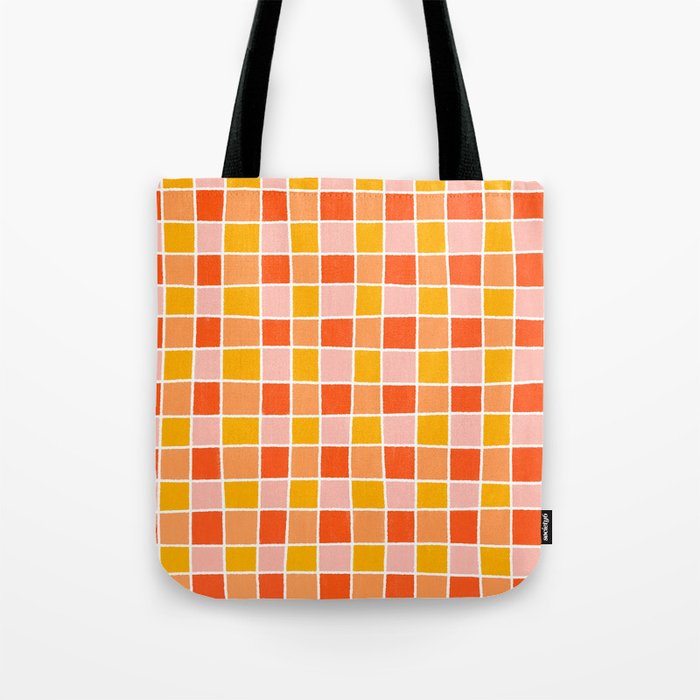 Groovy Retro 70s Grid Wavy Pink Orange Yellow Tote Bag