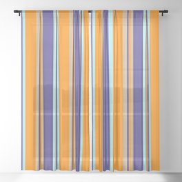 [ Thumbnail: Dark Slate Blue, Tan, Dark Orange & Turquoise Colored Stripes Pattern Sheer Curtain ]