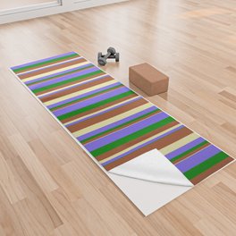 [ Thumbnail: Green, Medium Slate Blue, Pale Goldenrod, and Sienna Colored Striped Pattern Yoga Towel ]