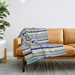 [ Thumbnail: Tan, Dark Blue, Pale Goldenrod & Blue Colored Lined Pattern Throw Blanket ]