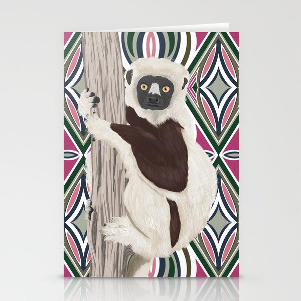 Sifaka lemur on pink pattern background Stationery Cards