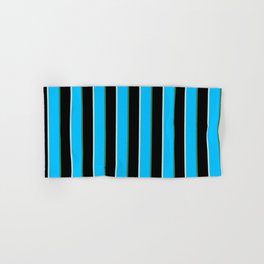 [ Thumbnail: Turquoise, Deep Sky Blue, Dark Olive Green, and Black Colored Stripes/Lines Pattern Hand & Bath Towel ]