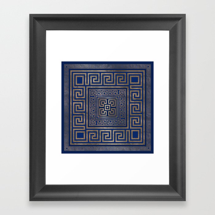 Greek Key Ornament - Greek Meander -gold on blue Framed Art Print