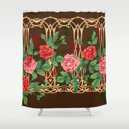 Vintage roses in a decorative imitation of a wicker basket made of twigs seamless pattern,background in art nouveau style,old,retro style. Colored illustration Shower Curtain