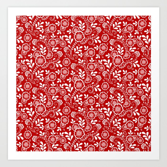 Red And White Eastern Floral Pattern Art Print